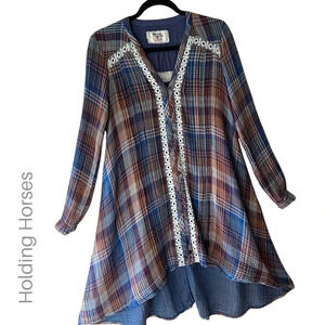 ANTHROPOLOGIE HOLDING HORSES ABITA HIGH LOW PLAID DRESS LACE | SIZE: SMALL